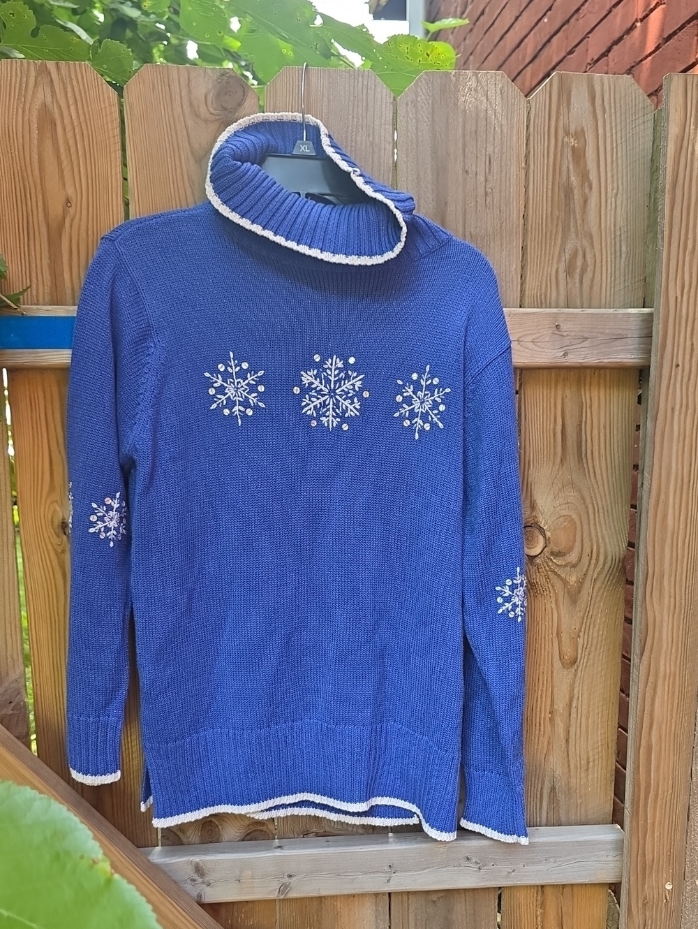 Quacker Factory Royal Blue Turtleneck Sweater with White Snowflakes